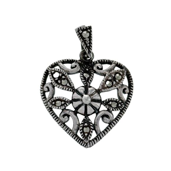 Vintage Sterling Silver 925 Milgrain Scroll Marcasite Open Heart Pendant - Picture 1 of 5